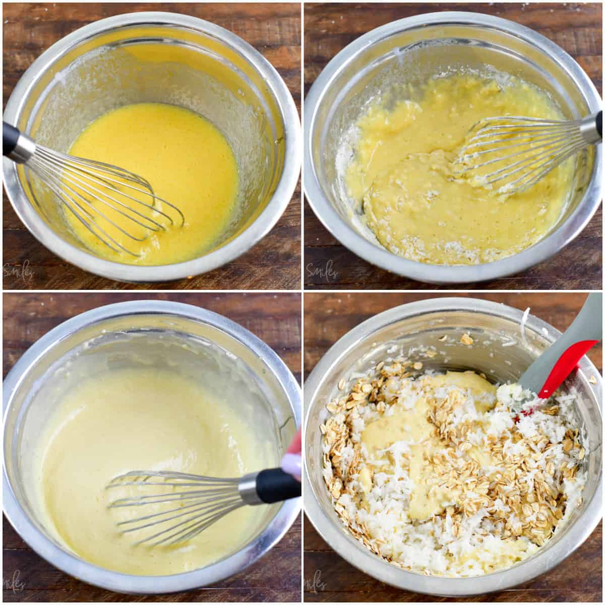 Collage of four images making batter for coconut oat muffins in a metal bowl.