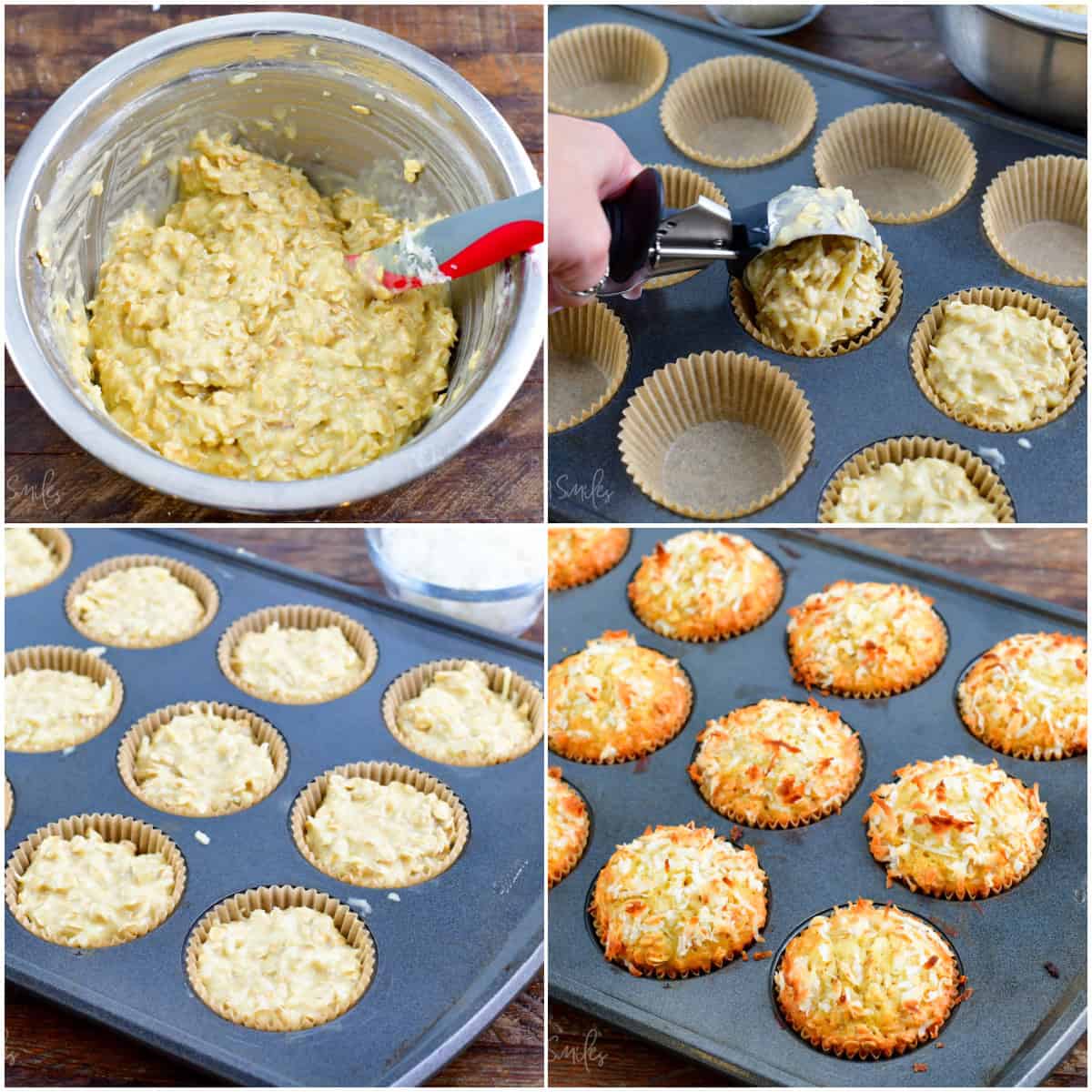 collage of four images of adding batter into the muffin cups and after they are baked.