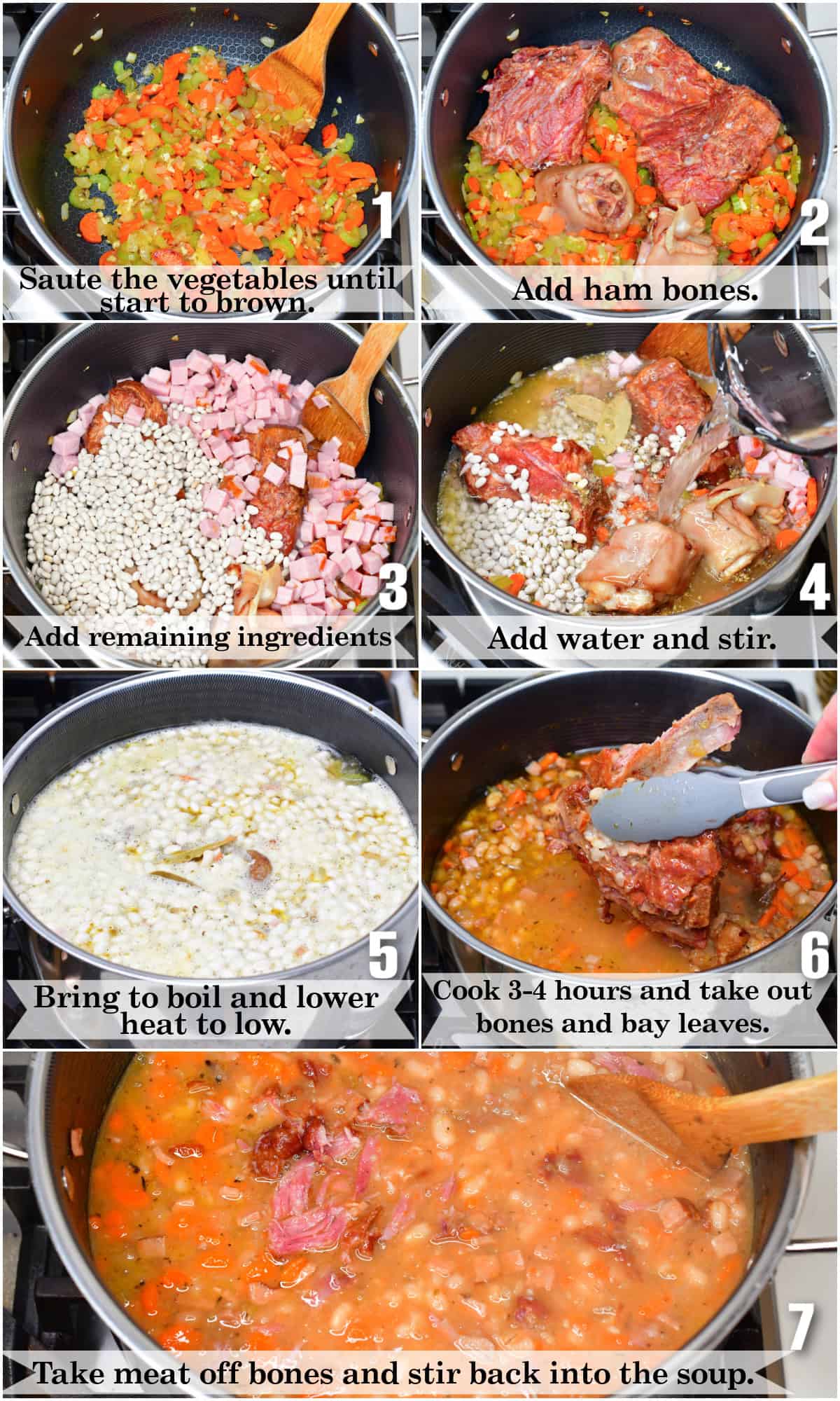 infographic of seven steps to make the ham and bean soup on the stove.