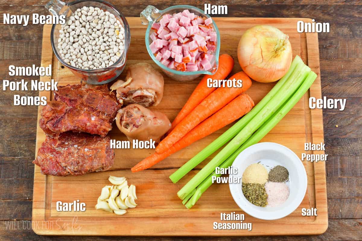 labeled ingredients infographic for the ham and bean soup with dried beans.