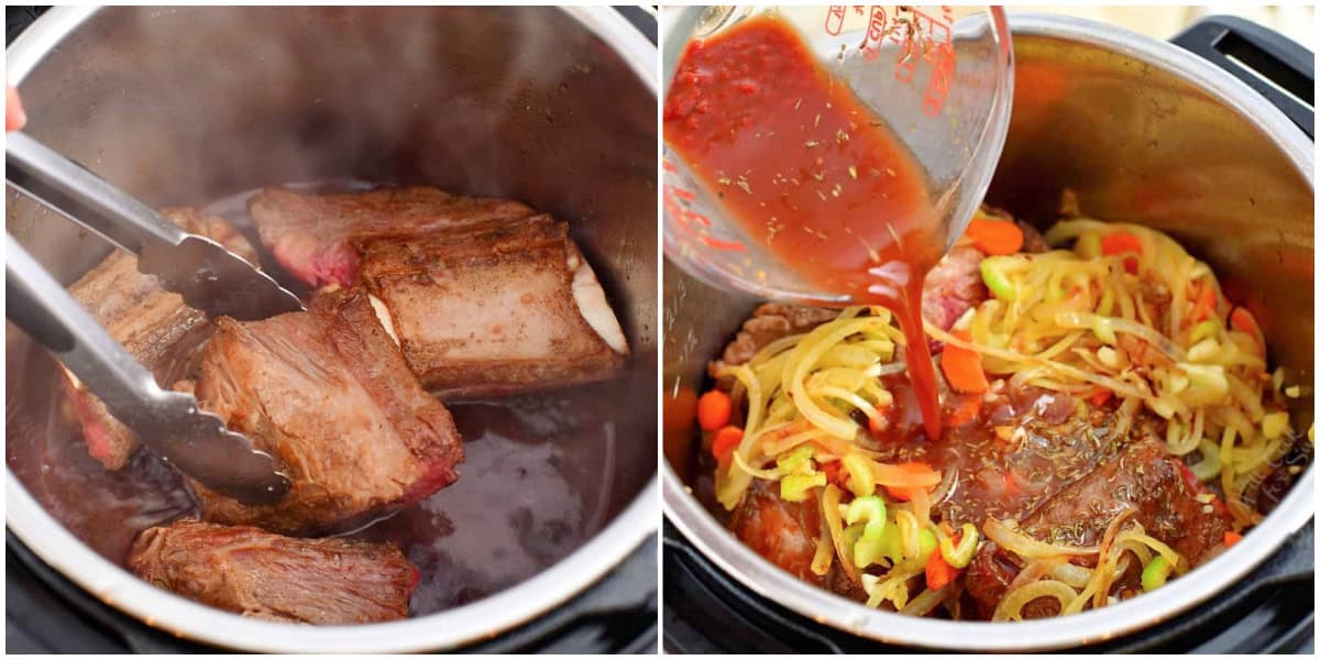 collage of two images of adding short ribs back into the pot and adding sauce to the pot.