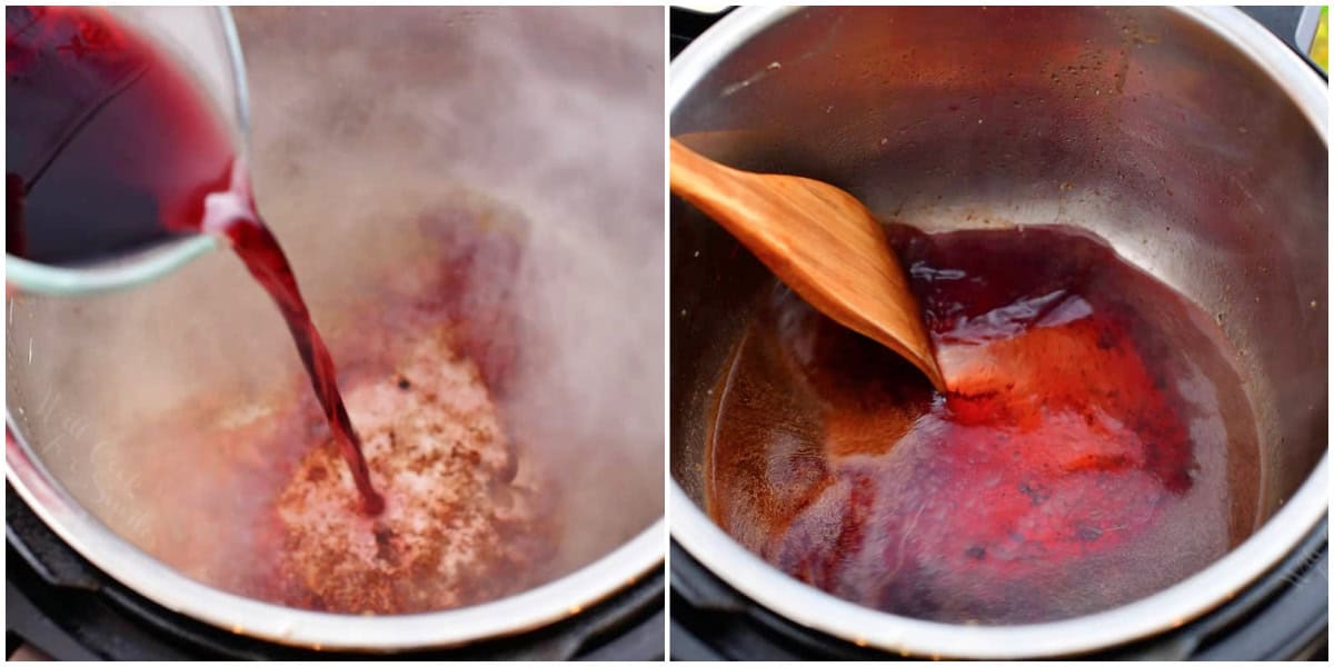 collage of two images of adding red wine to instant pot and deglazing the pot.