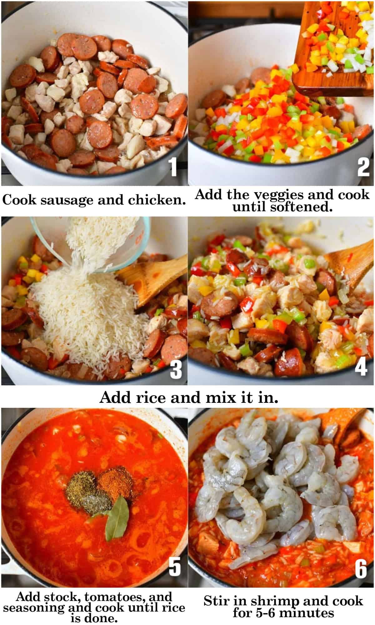 infographic of six images of cooking steps to make classic jambalaya.