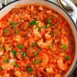 jambalaya in a white Dutch oven pot with a ladle next to the pot.