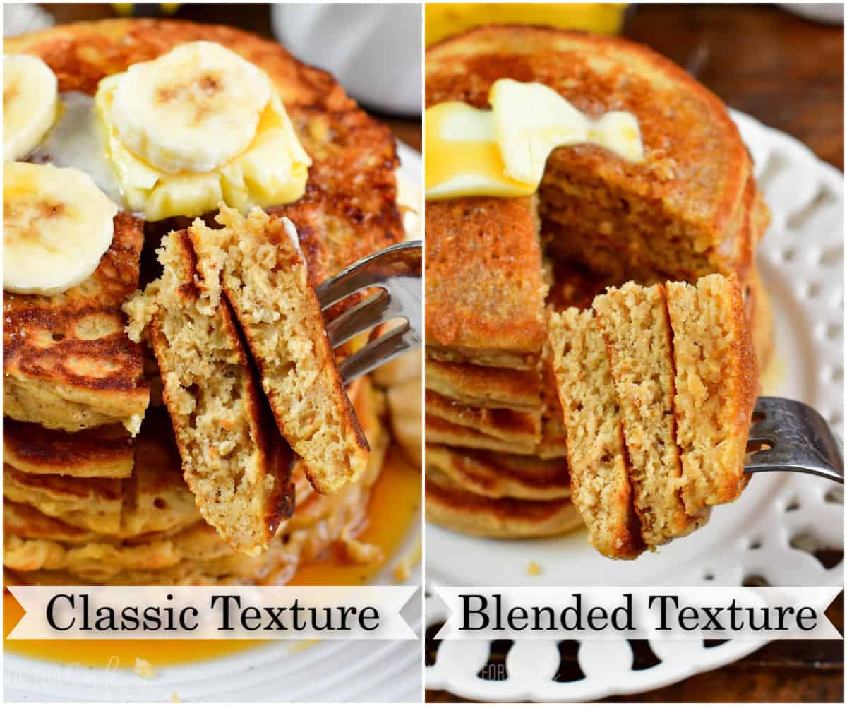 infographic of two images of cut oatmeal pancakes to see the texture. 