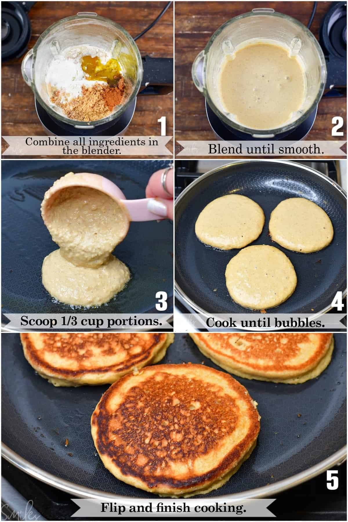 infographic of five images of making blender oatmeal pancakes steps.