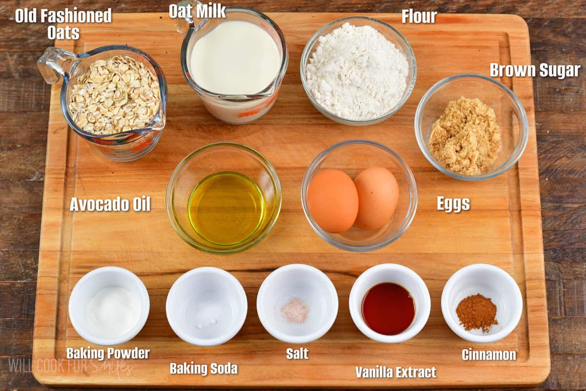 infographic of ingredients to make oatmeal pancakes on the cutting board.