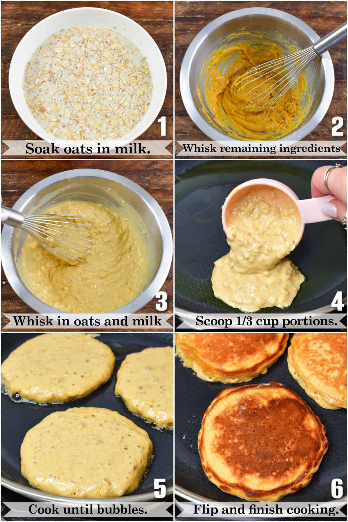 infographic of six images of making easy oatmeal pancakes steps.