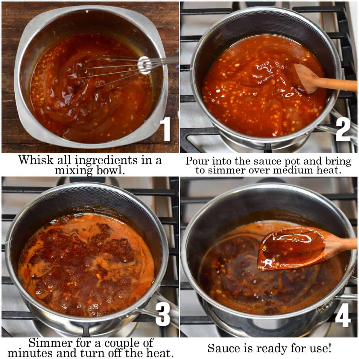 infographic of four images of steps to make the teriyaki sauce in a pot.