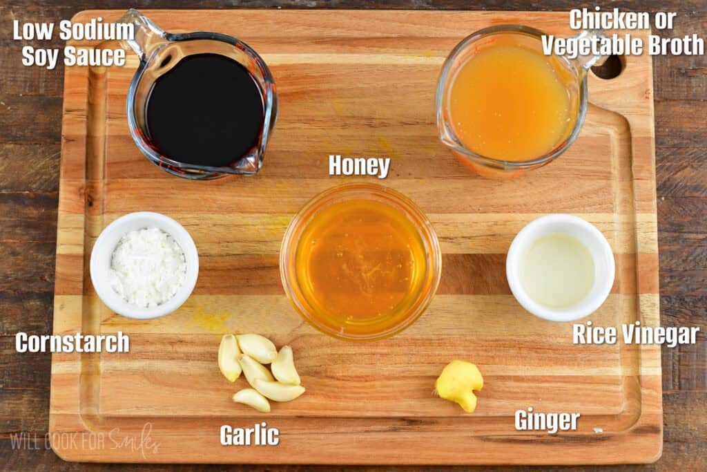 infographic of labeled ingredients to make homemade teriyaki sauce on a board.