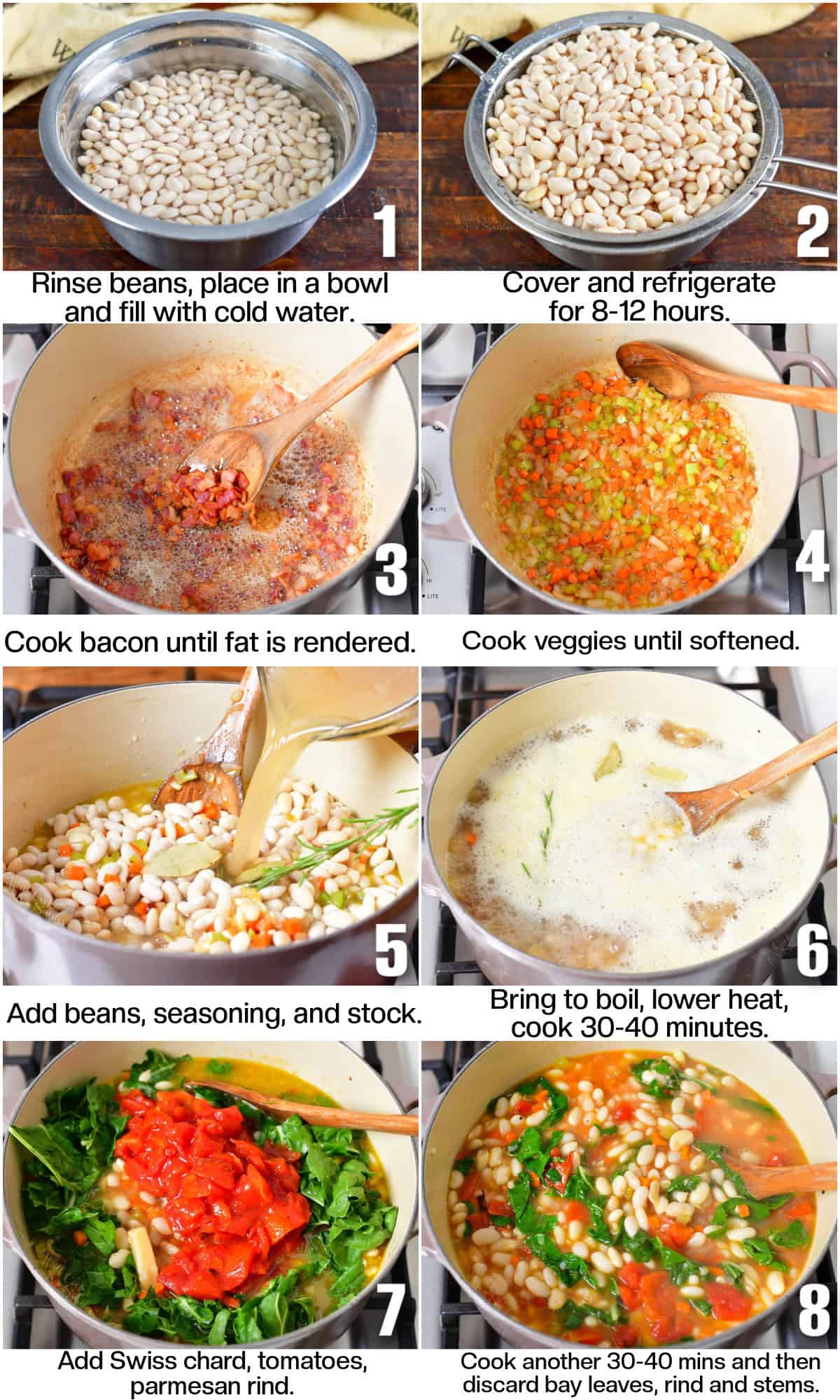 infographic of 8 images to show cooking steps for the white bean soup.