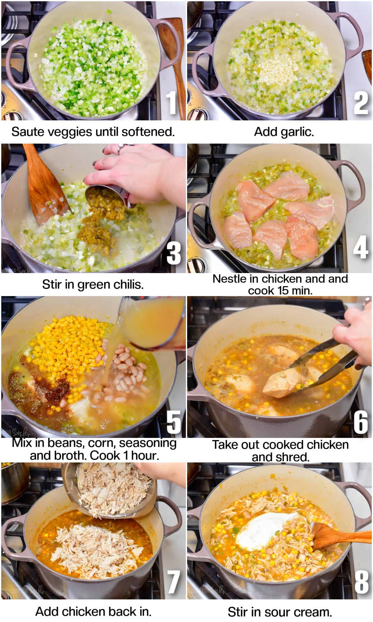 infographic of 8 images and steps to cook white chicken chili.