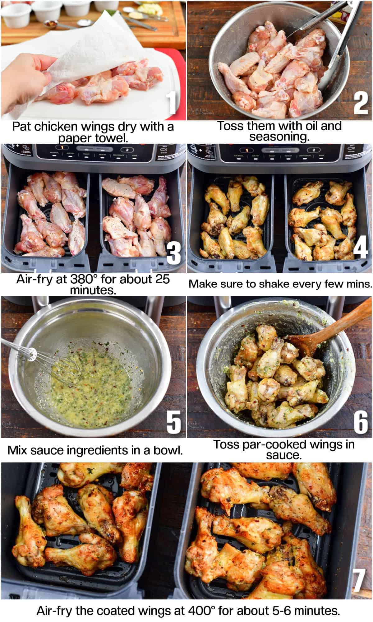 infographic of 7 images of cooking chicken wings in the air fryer.