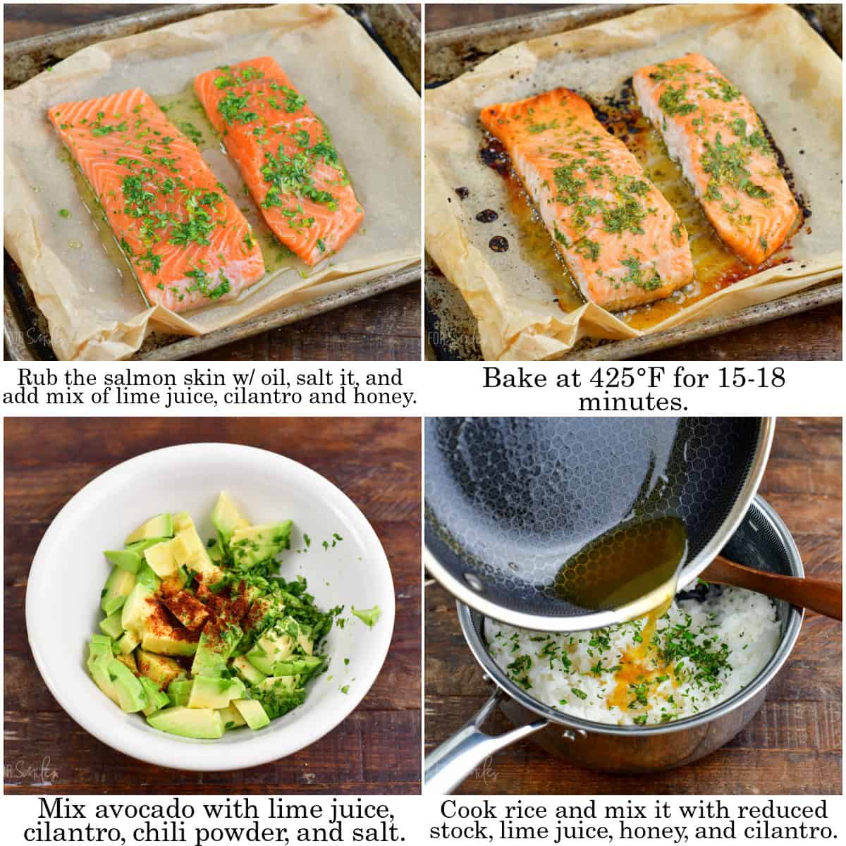 infographic of four images of cooking salmon and avocado topping and adding sauce to rice.