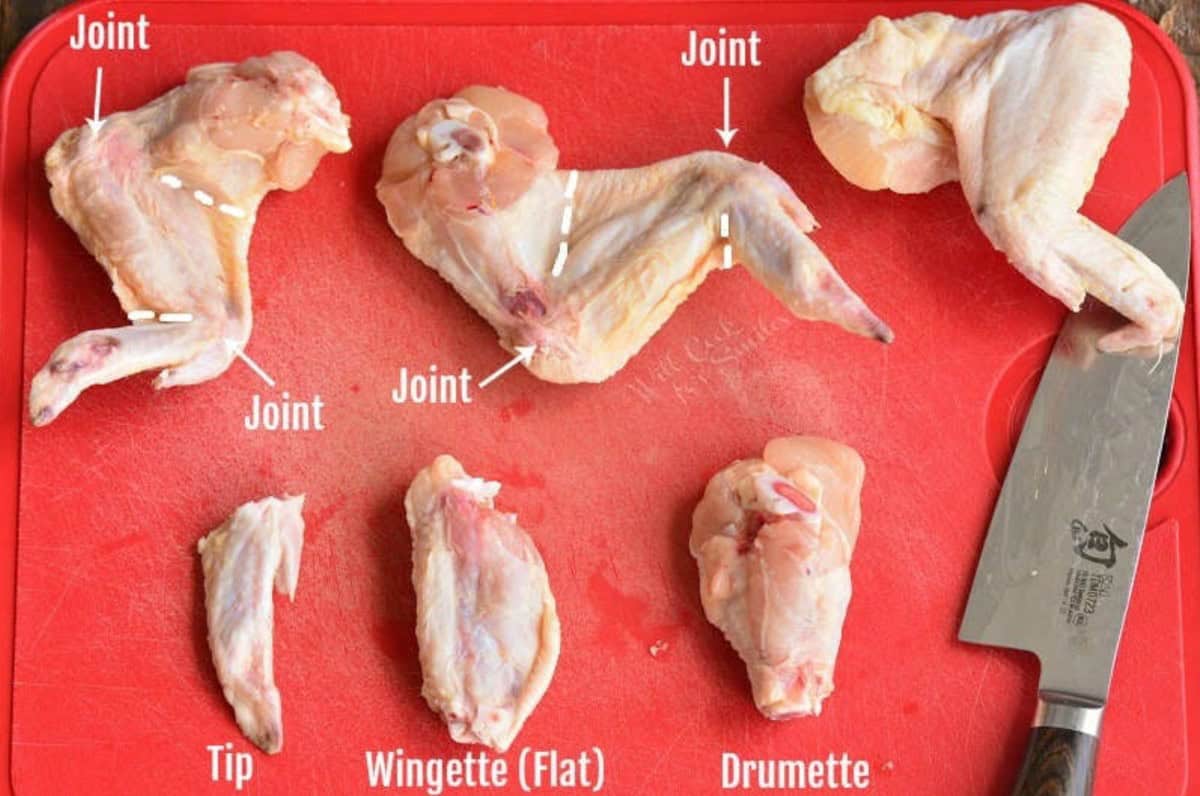 Chicken wings on a wood cutting board with a knife explaining how to break a chicken wing down.