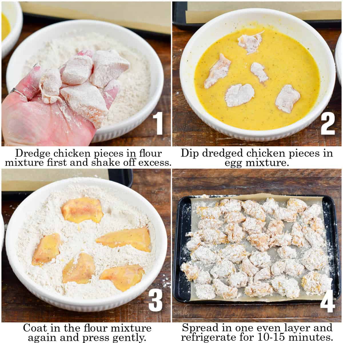 infographic of four images of steps to bread the boneless chicken wings.