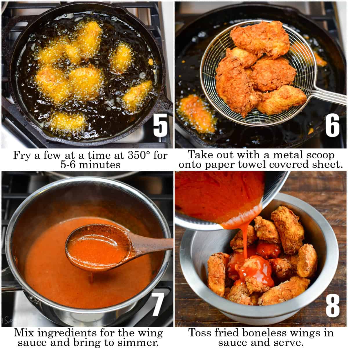 infographic of cooking steps for boneless wings and adding sauce.