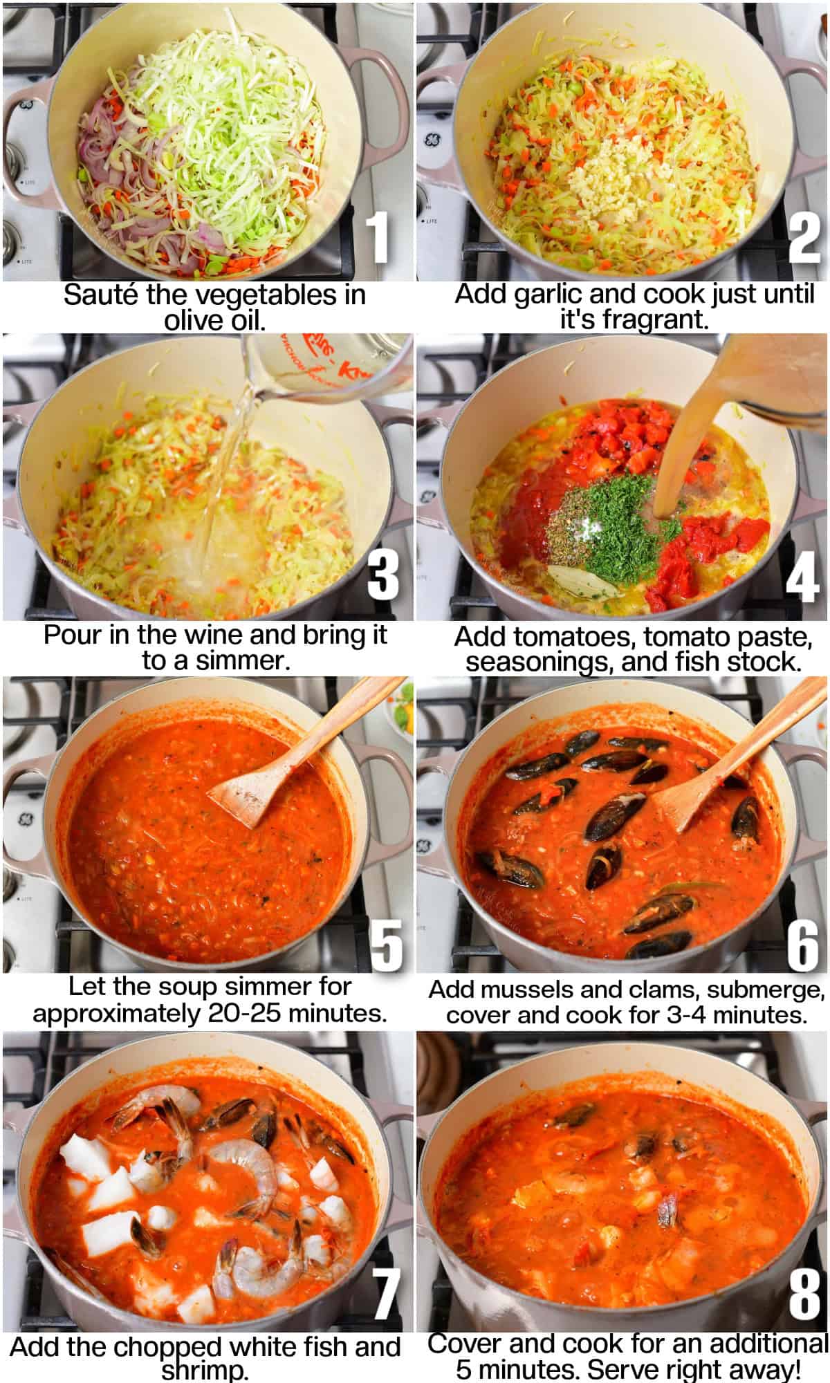 Infographic of sight photo steps to make the Cioppino with steps labeled.