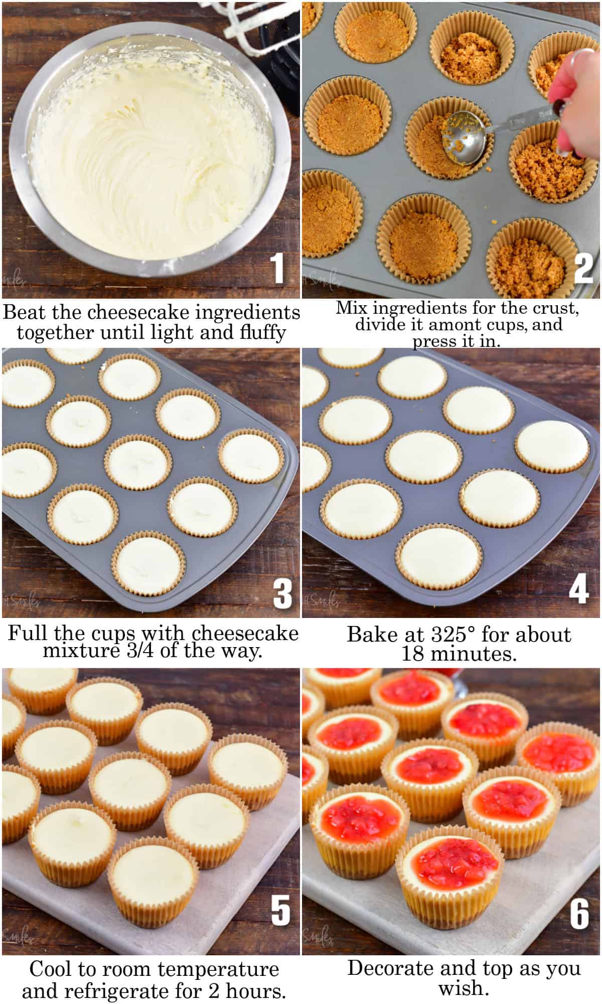 infographic of six images of steps to make the mini cheesecakes.