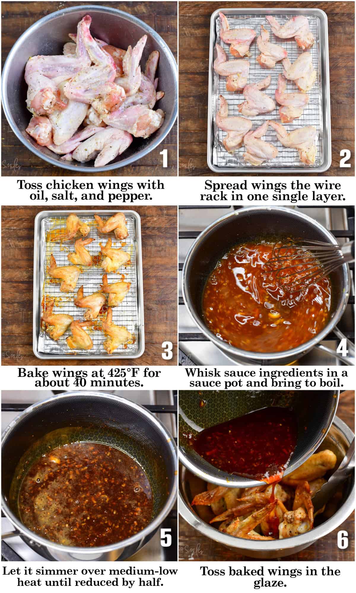 Collage of six images with the steps on how to make orange glazed chicken wings.