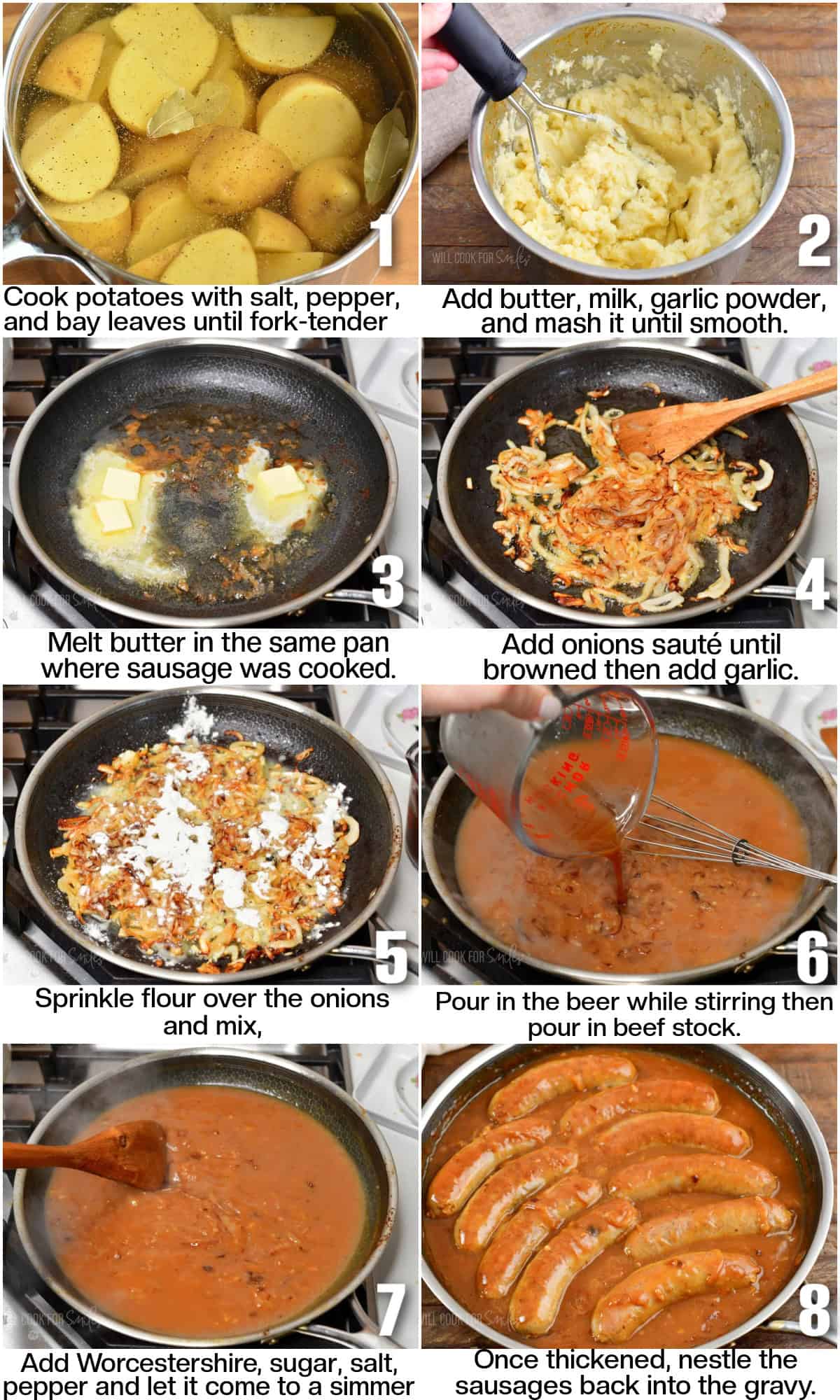 infographic of 8 images of cooking steps to make sausage with onion gravy and mashed potatoes.